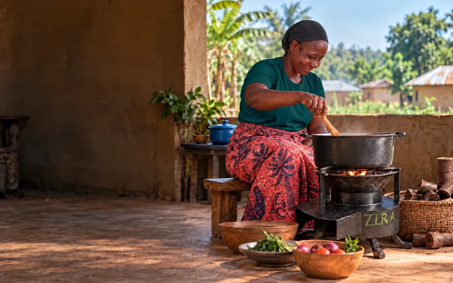 A woman preparing a meal with a ZiRA clean cookstove